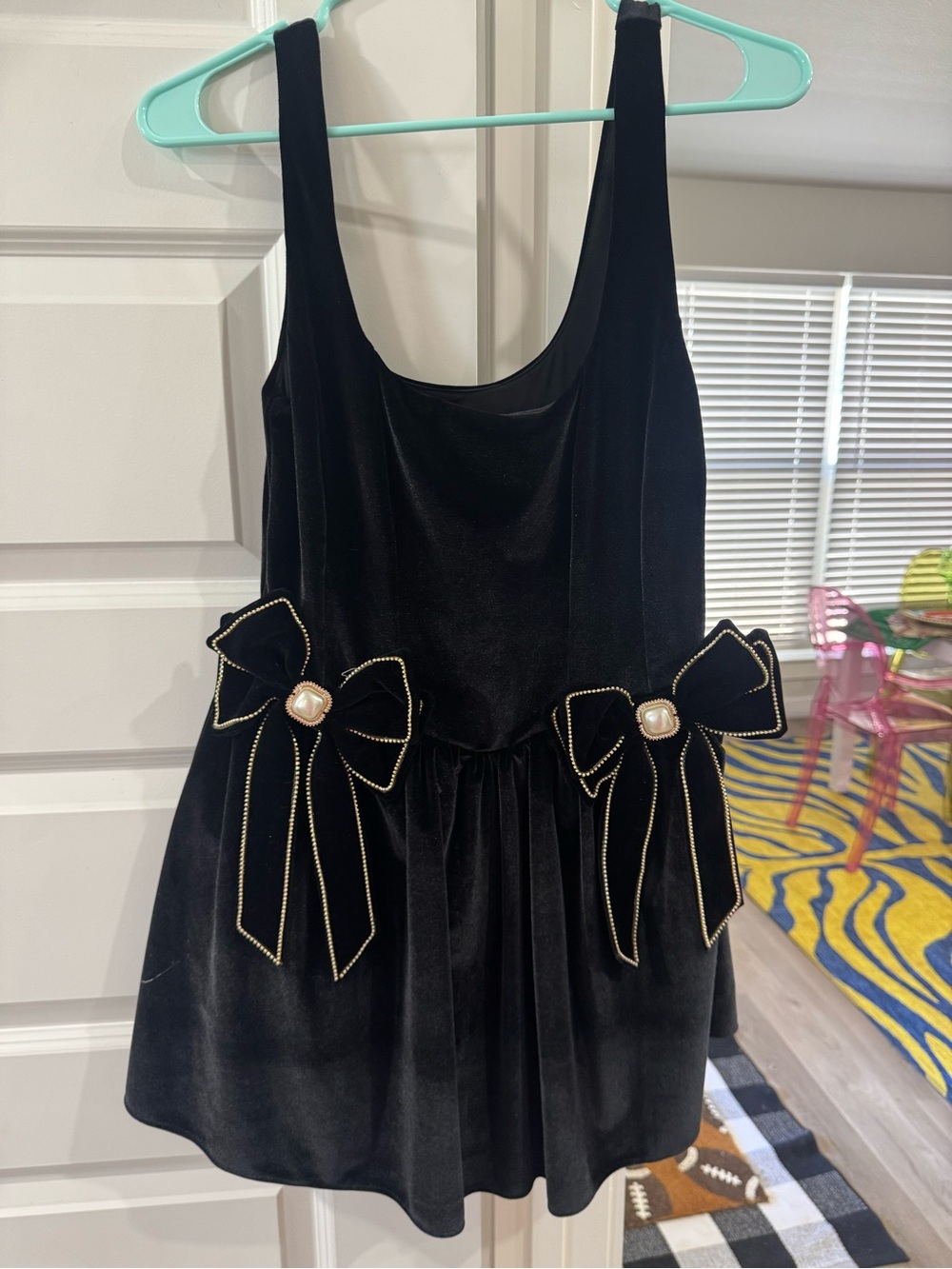 Show Me Your MuMu Girls' Black Velvet Dress with Pearl-Trim Bows